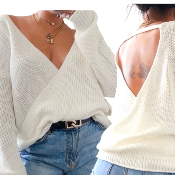 Mi Ami Wrap Front & Back Cream Cable Knit Sweater Mirrored Deep V-Neck Open Back - Picture 1 of 13
